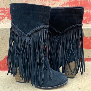 Black Suede Fringe Boots Zip Up SZ 7
